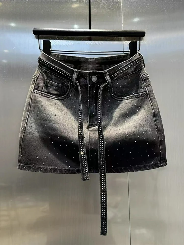 Retro Gradient Color Hot Diamond Denim Skirt Women Summer Oversized Hot Girl Fashion High Waist A-line Skirts Sexy Mini Skirt