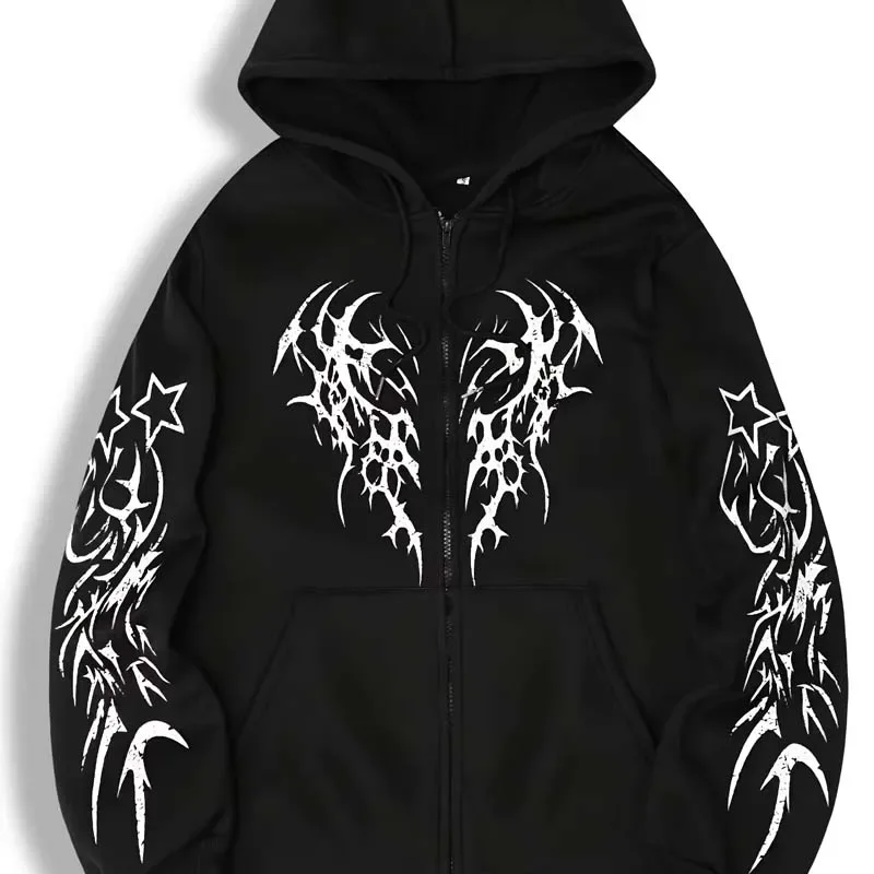 Autumn Winter Gothic Graphic Print Zipper Hoodie Men Casual Fashion Streetwear Fleece Jacket Coat Long Sleeve Zipper Sweatshirts