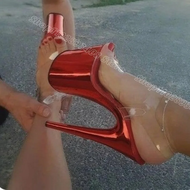 

Red Clear PVC Platform Sandals Open Toe Ankle Buckle New Stylish for Women Summer Party Sexy Dance Sandals Zapatos Para Mujere