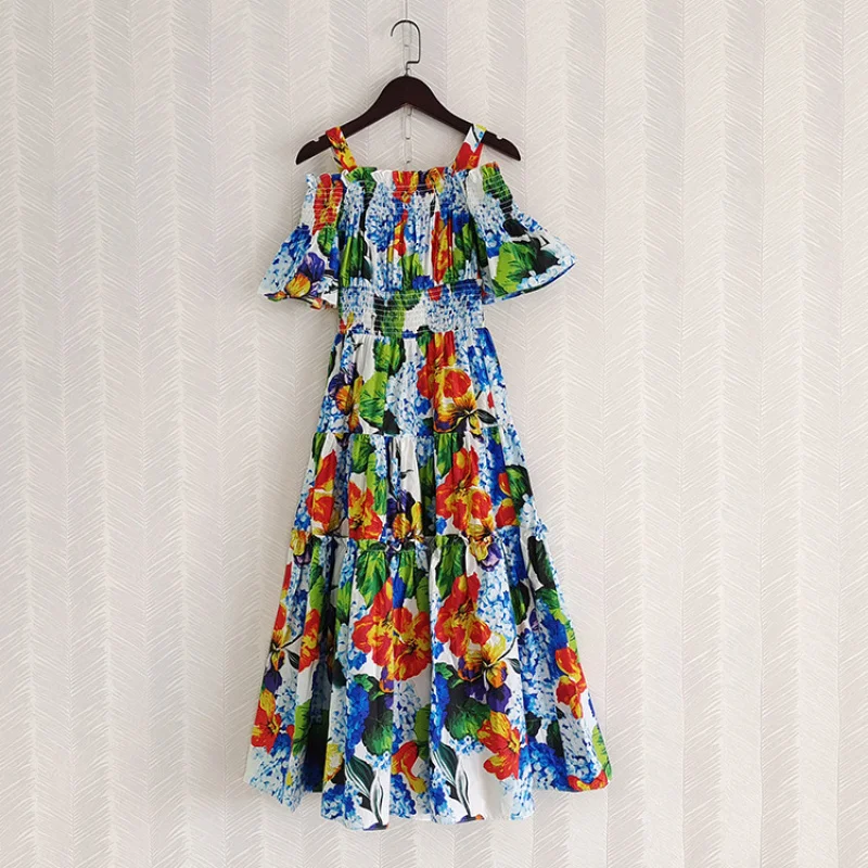 

European and American Style New Women's Clothing 2025Spring New Spaghetti Strap Cotton Print Long Dress Spot Real Shot