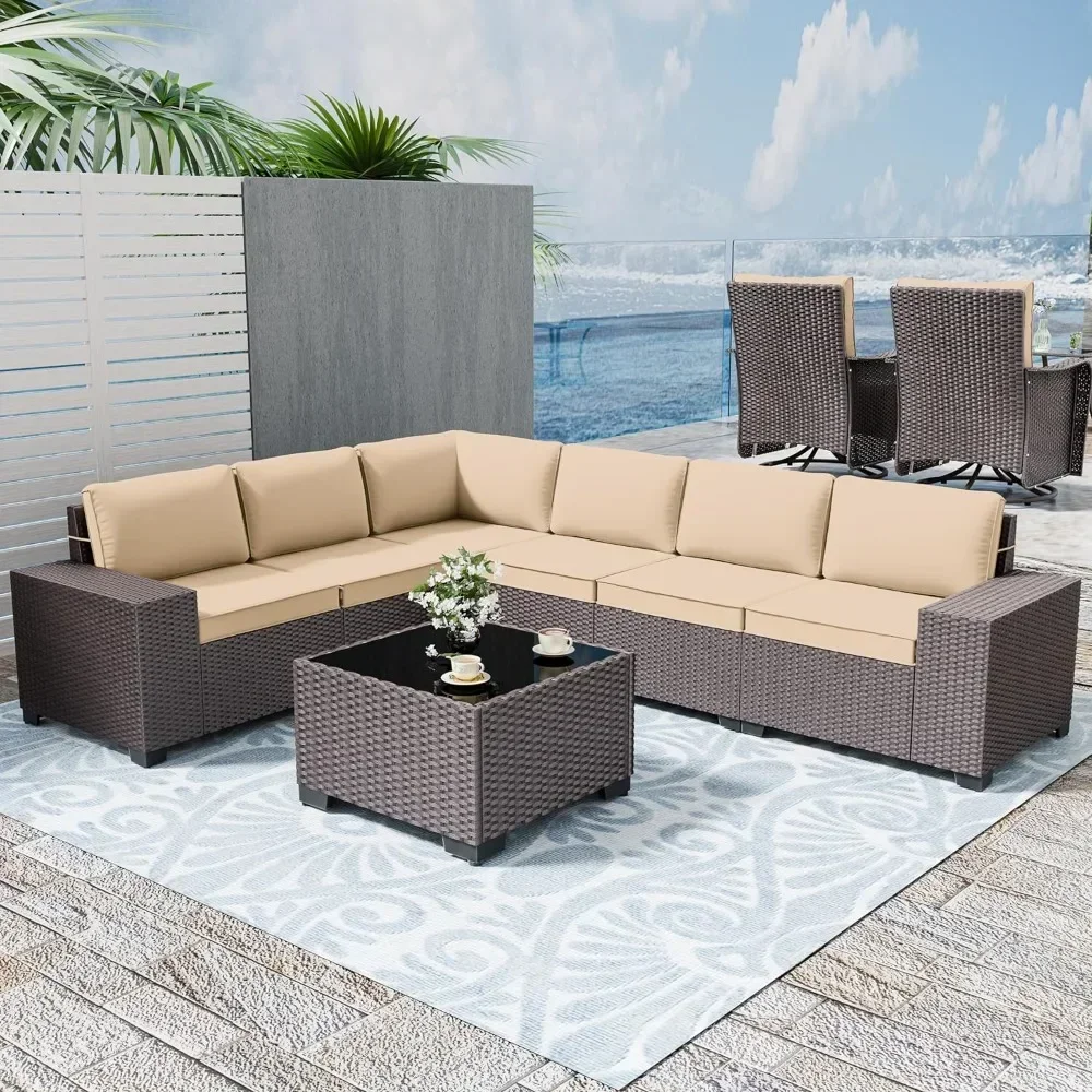 Patio Furniture Set Sofa ,Outdoor Conversation Sets with Seat Cushions and Tempered Glass Table,7-pcs Wicker Sectional Sofa Set