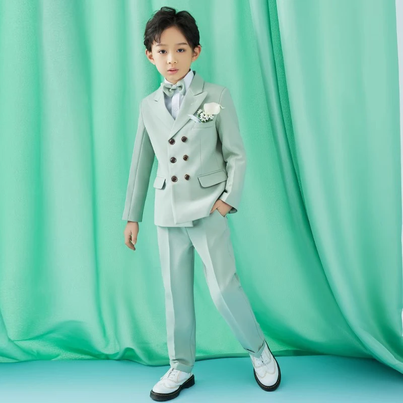 

Children's Formal Green Suit Set Boy Wedding Host Piano Performance Catwalk Costume Kids Blazer Vest Pants Bowtie Outfit