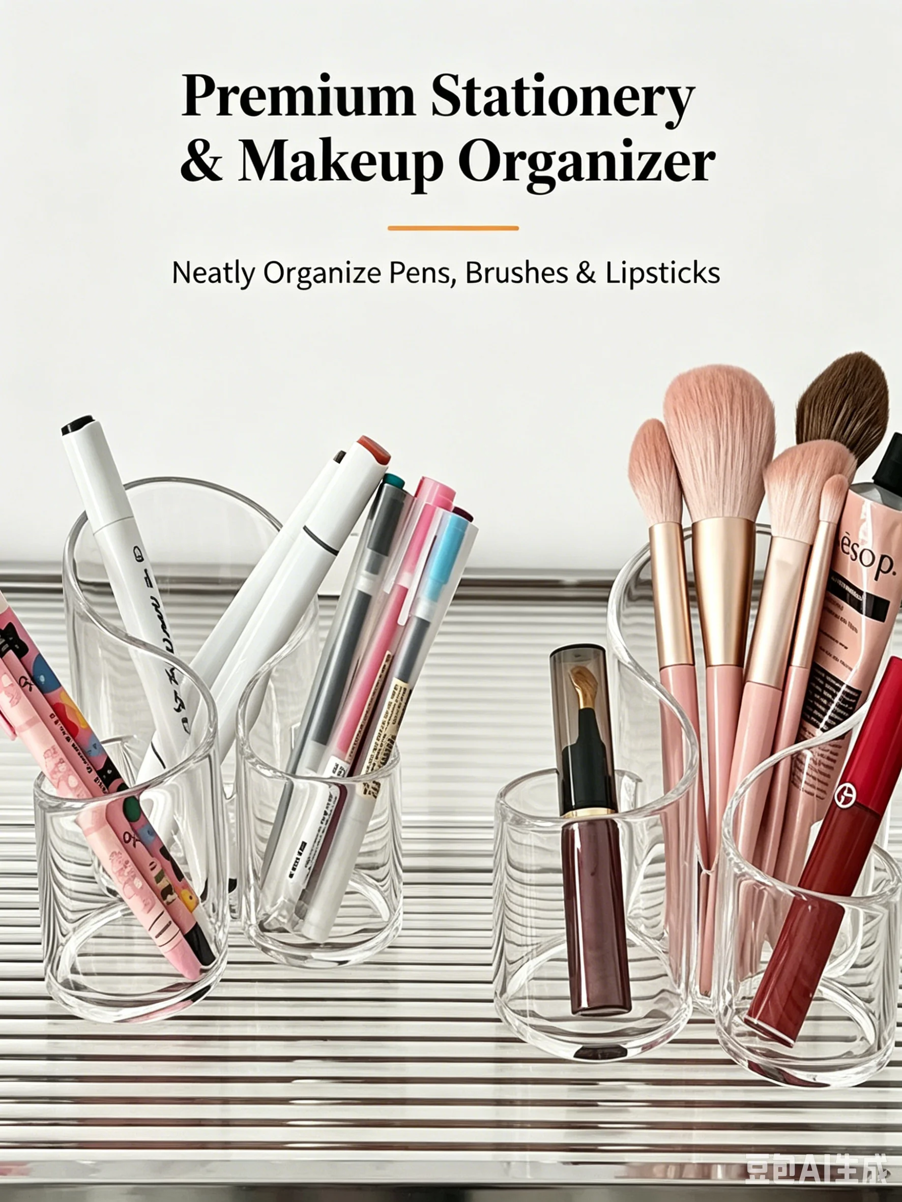 3-Cell Clear Acrylic Makeup Brush Organizer, Minimalist Pen Holder, Lipstick Cosmetic Storage Container