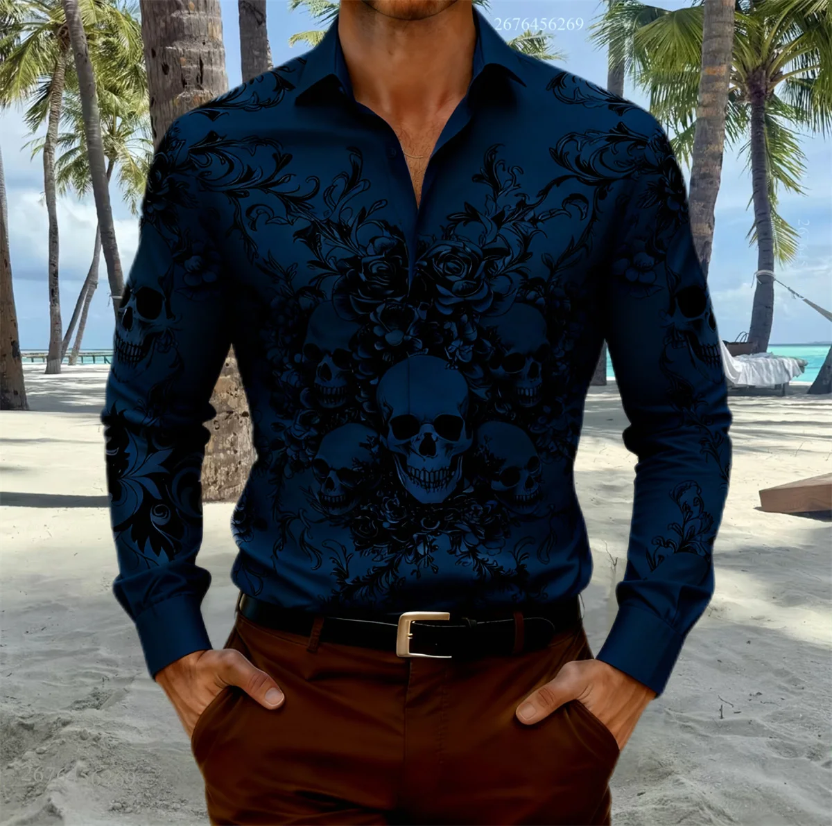 15-цветная мужская рубашка с длинными рукавами и принтом черепа и крыла летучей мыши для вечеринок и повседневной одежды: изысканный череп и орнаментный узор