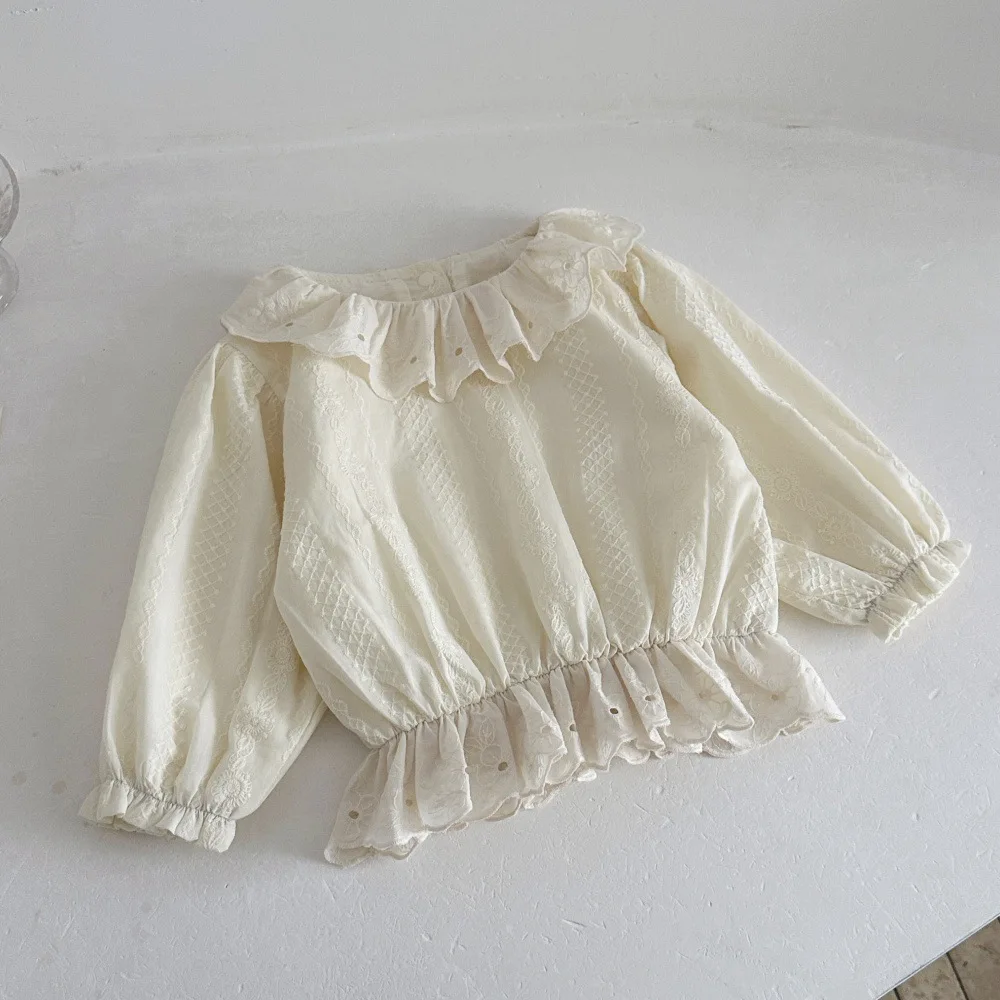 2026 Autumn New Baby Girl Long Sleeve Ruffle Collar Shirts Solid Cute Girls Sweet Lace Tops Cotton Infant Toddler Clothes