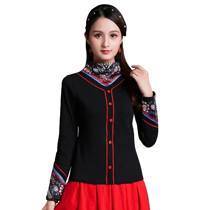 بلوزة تقليدية ريترو السيدات الياقة المدورة خمر تي شيرت سليم أنيق الصينية شيونغسام القمم للنساء FF247 MN1