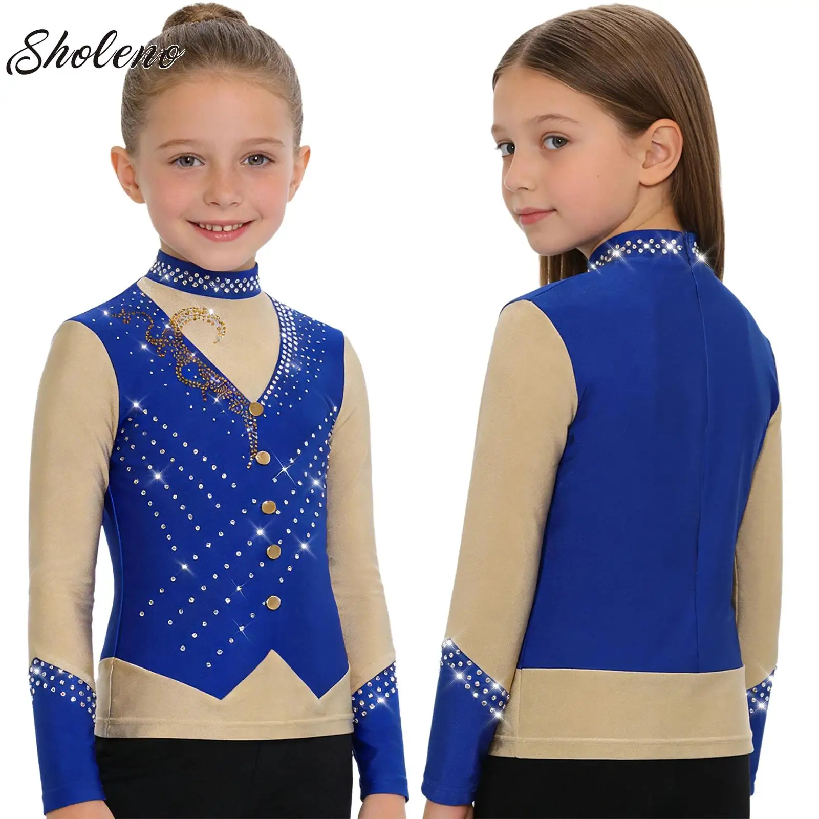 

Kids Boys Girls Long Sleeve Figure Skating Top Ballet Dance Artistic Gymnastics Performance Outfit Shiny Rhinestone Leotards