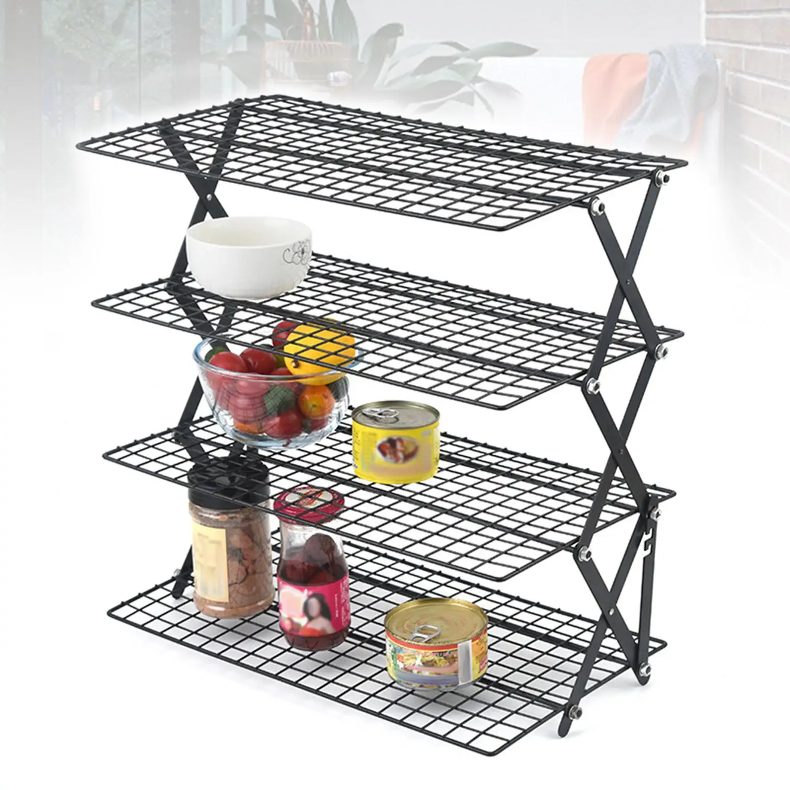 Multi Tier Cooling Rack Folding Food Storage Shelf Space Saving Organizer for Outdoor Camping Kitchen