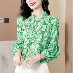 Spring Autumn Fashion Ruffles Long Sleeve Blouse Women's Clothing Printing Loose Cardigan Korean Young Simplicity Thin Shirts