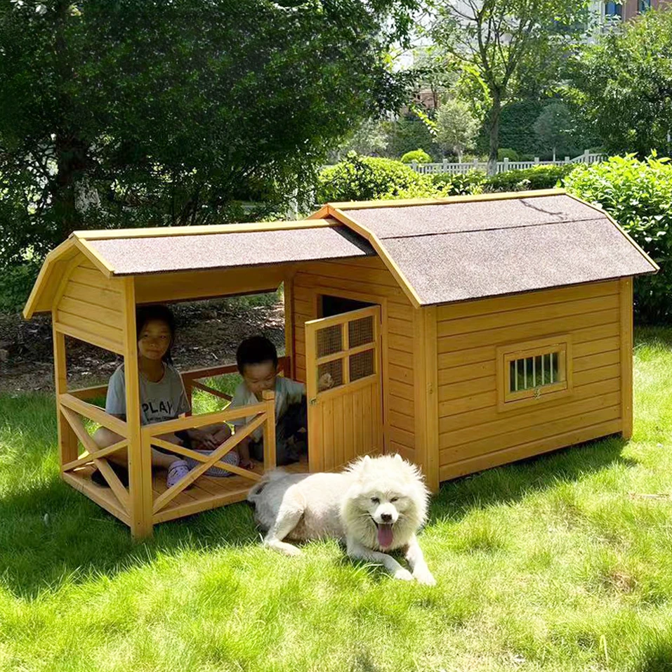 Outdoor Dog House Air Conditioning Villa Solid Wood Large Balcony Space Four Seasons Universal Kennel