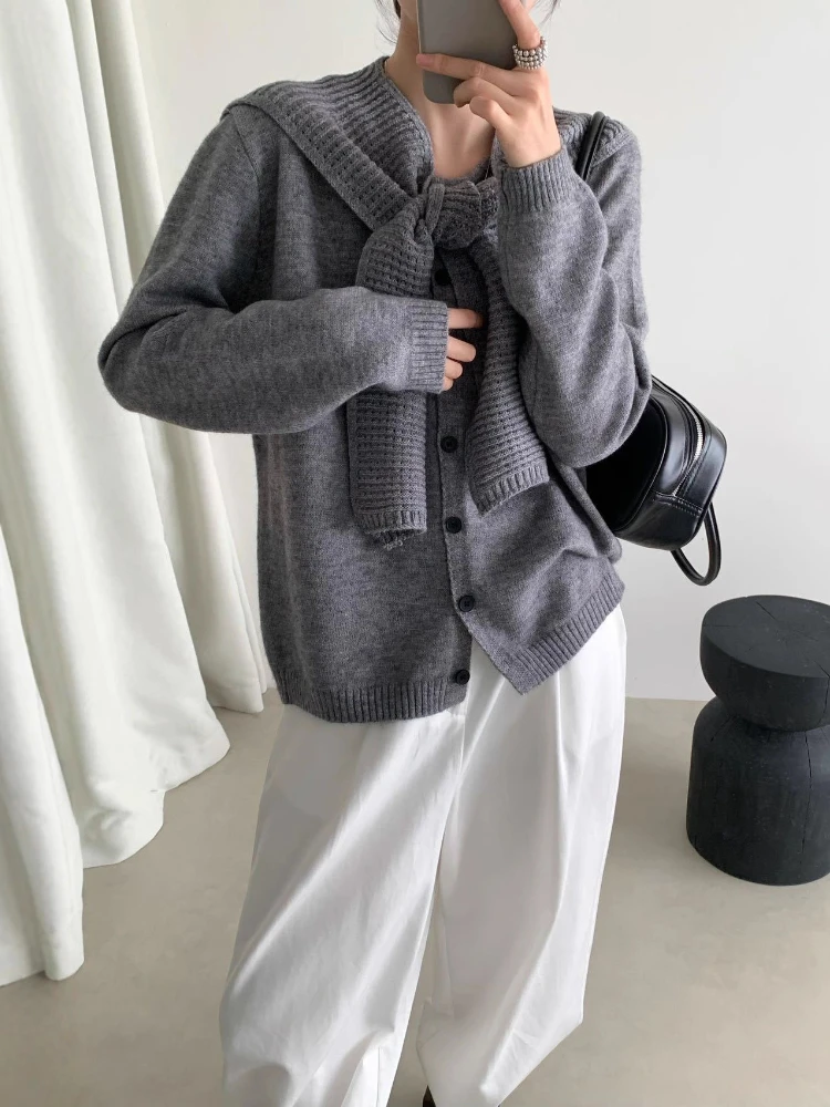

Korobov Korean Solid Autumn All Match O Neck Long Sleeve Patchwork Single Breasted Cardigan +shawl