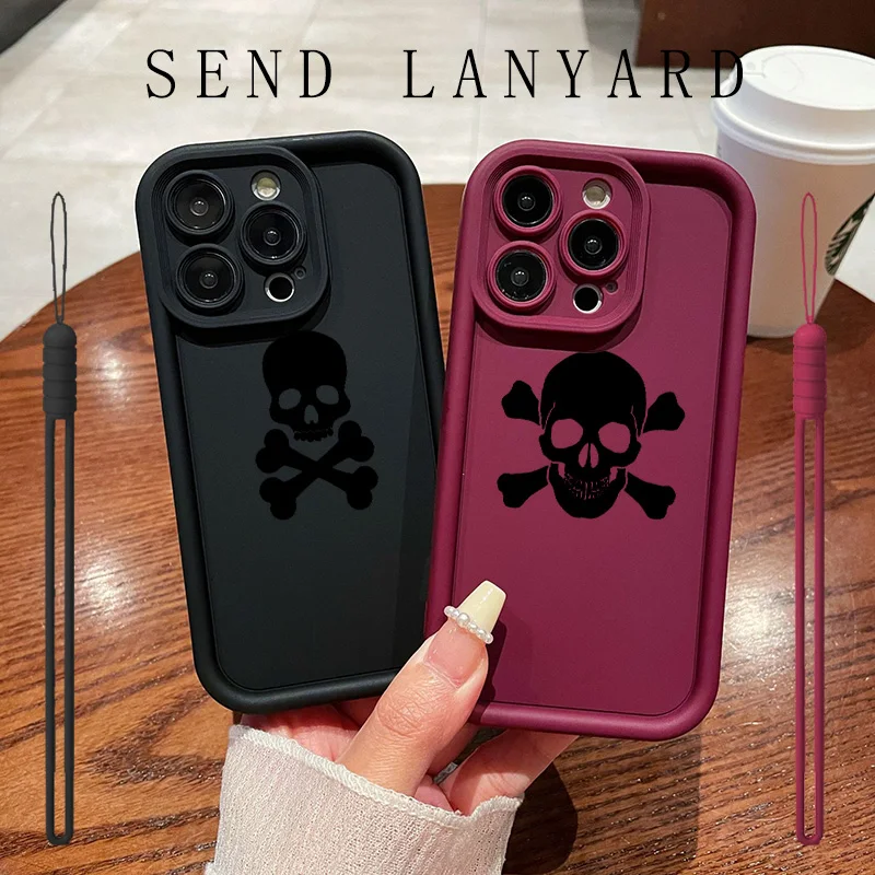 

Fashion Black Skull For Apple iPhone 16 16E 15 14 13 12 Mini 11 XS XR X 8 7 Pro Max Plus Eyes Ladder Lanyard Phone Case Funda
