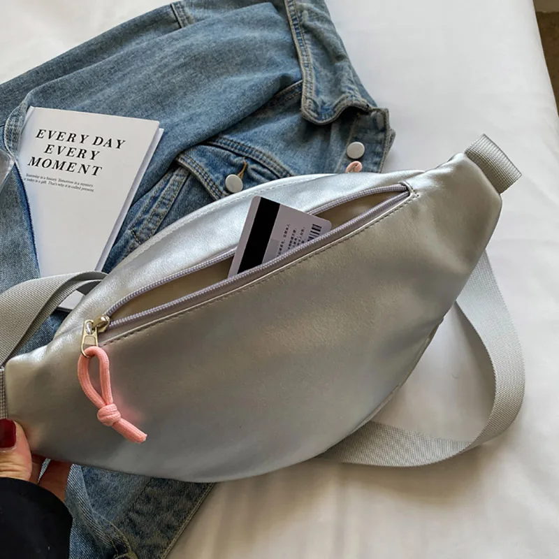 Trend Silver Chest Bag Fanny Pack for Women Portable Mobile Phone Bag Large Capacity Crossbody Bag Soft PU Half Moon Waist Bags - view 5
