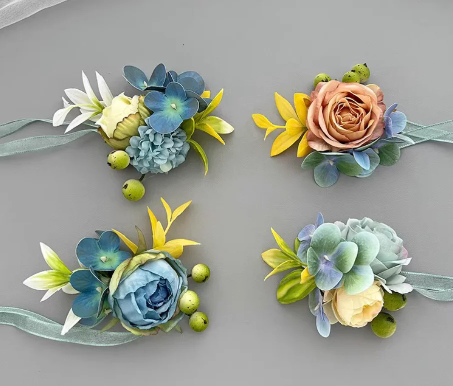 Blue-green series hand-flower corsage Bridesmaid wrist flower artificial flower for groom, groomsman, bride and sister group.