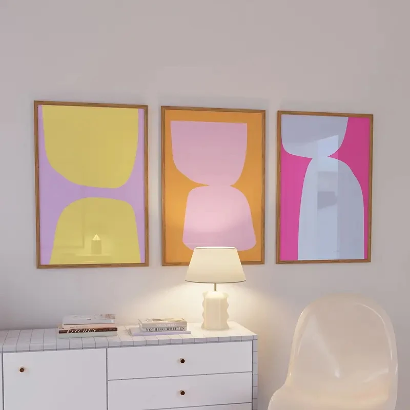 

3pcs/set Modern Pink Orange Geometric Abstract Multi-color Art Canvas Poster for Bedroom, Living Room Home Wall Decoration Gift