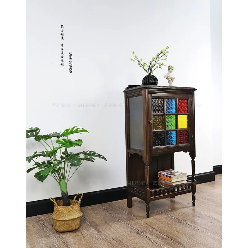 Old Shanghai retro simple solid wood tenon and mortise wine cabinet dining side cabinet wood glass storage cabinet display cabin