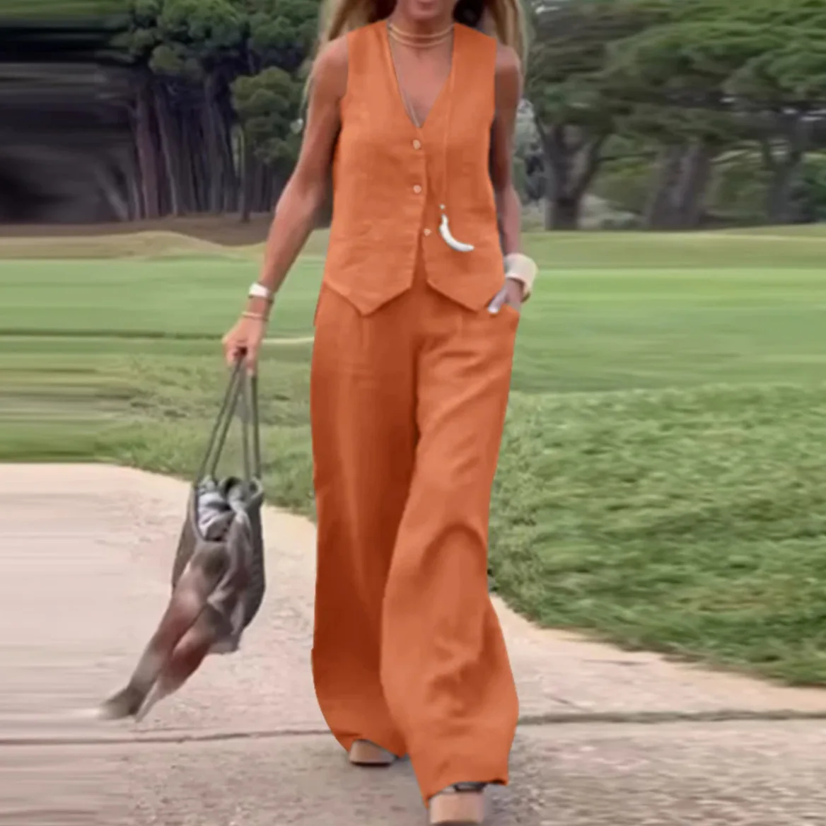 

Женский летний деловой костюм-двойка: однобортный жилет без рукавов и брюки с широкими штанинами, универсальный комплект для офиса