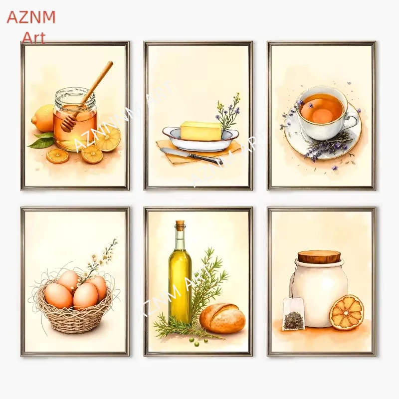 Póster Vintage de Acuarela Rústica con Alimentos y Hierbas, Pintura en Lienzo de Miel y Té para Cocina de Granja, Arte de Pared Estilo Cottagecore para Decoración del Hogar