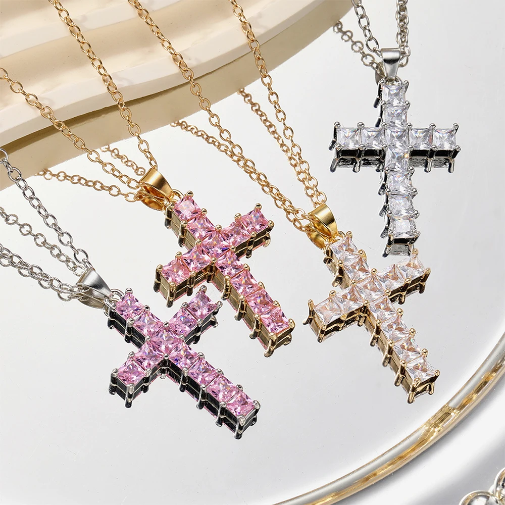 Fashion Crystal Cross Pendant for Women New Multi Color Shiny Romantic Exquisite Necklace Party Leisure Female Jewelry Gift 2024