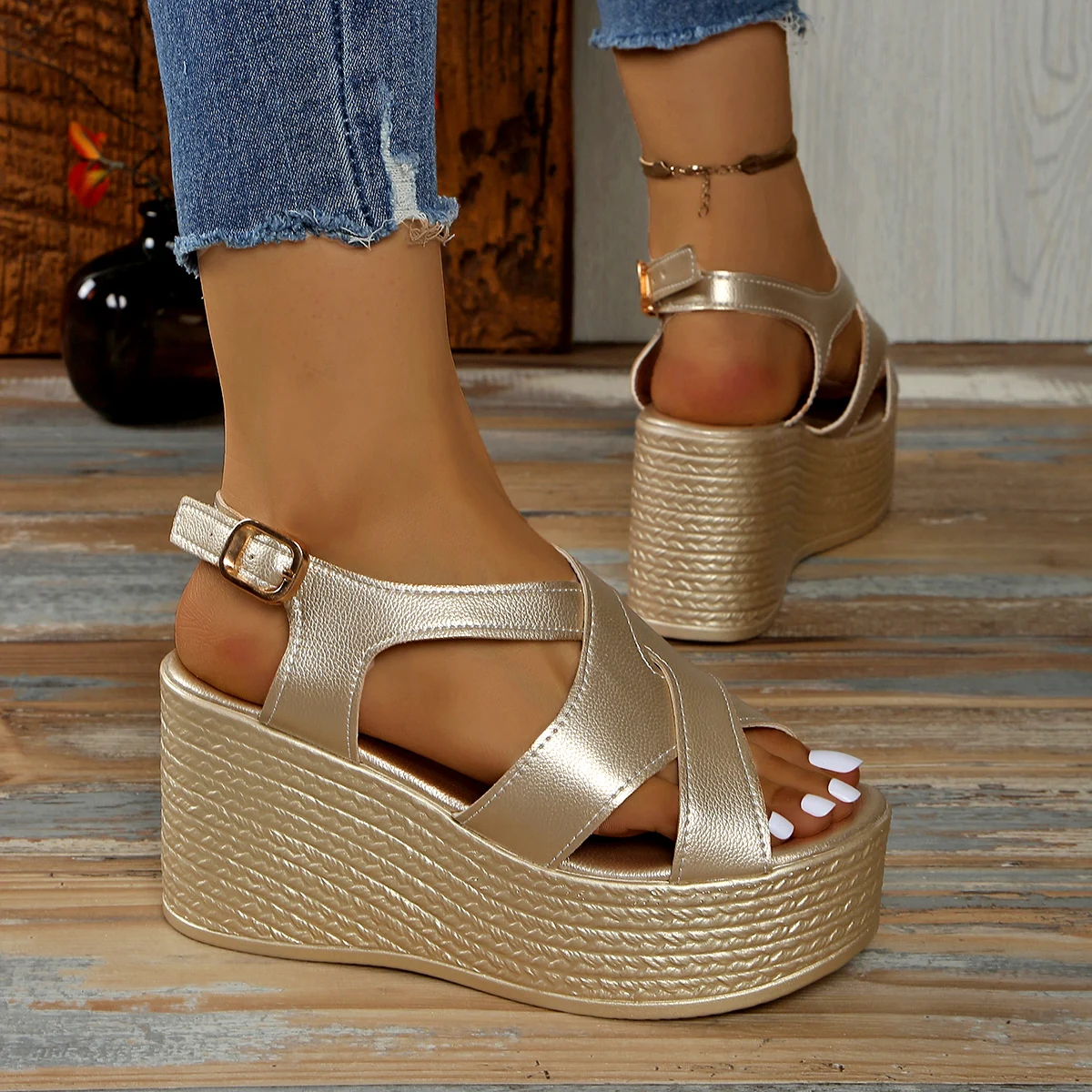 Slope Heel Women's Sandals Summer New Leather Temperament Back Buckle Golden Elegant Comfortable Sandals for Women