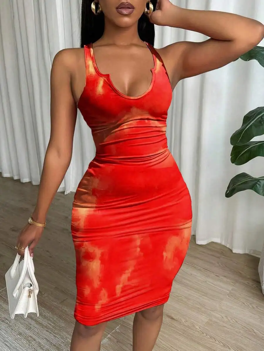 

Красное облегающее платье без рукавов с эффектом тай-дай для вечеринки или выхода в свет