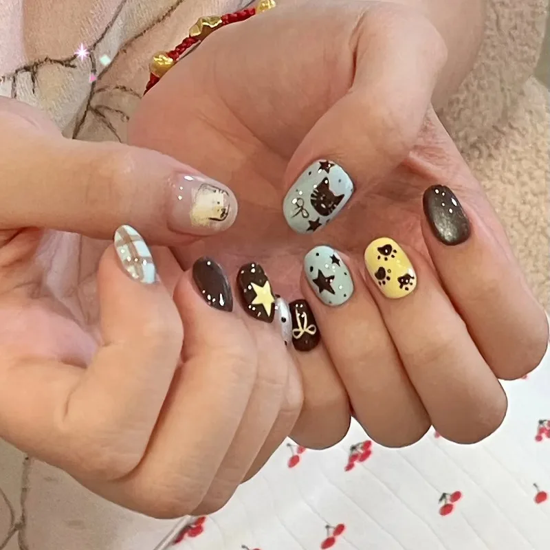 

10 шт. Sweet Cool Mirror Press on Nails Короткие квадратные ногти ручной работы синие с серебряными горошками Звездный дизайн Ins Style Накладные ногти