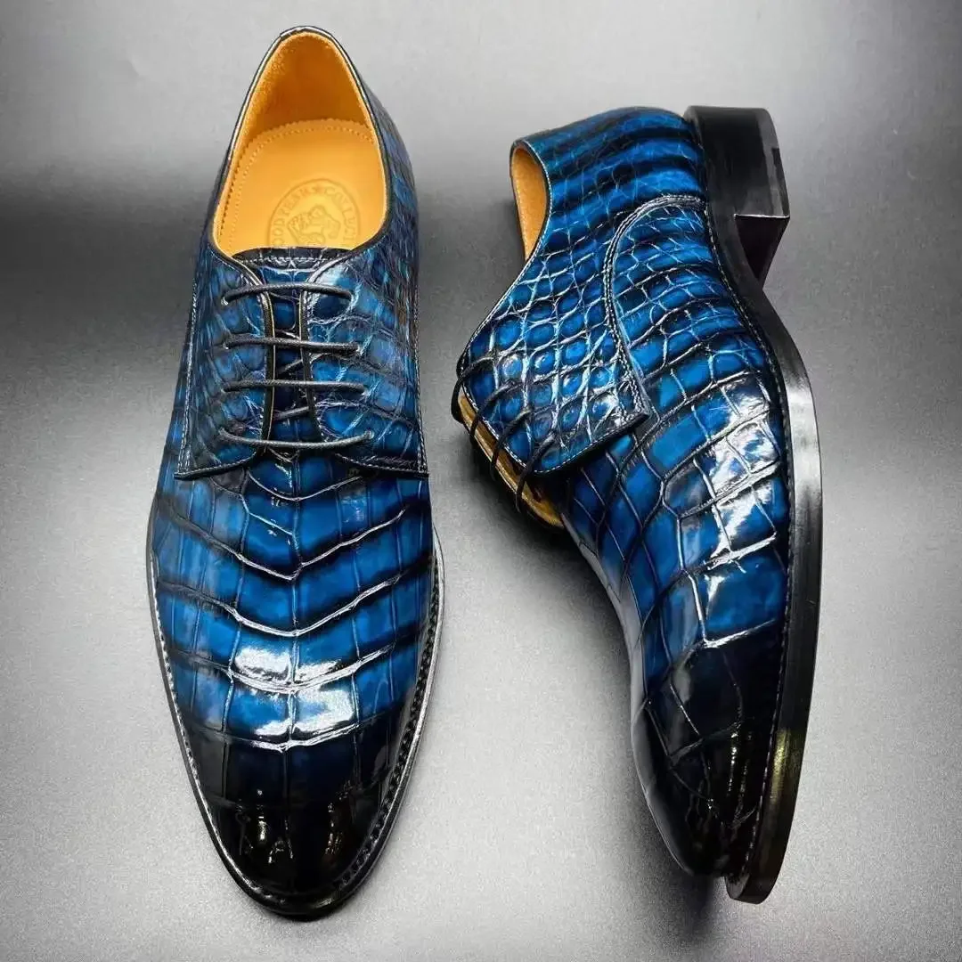 chue new arrival men dress male formal shoes men crocodile leather blue  color rubbing fashon men crocodile