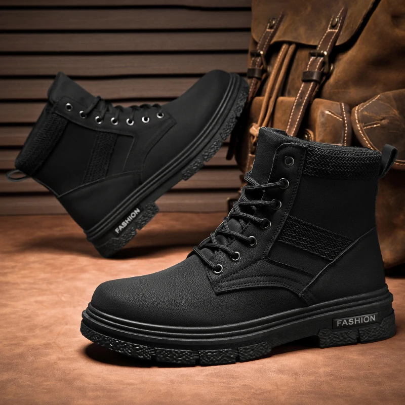 Men Ankle Boots Platform High Top Black Motorcycle Boot Trendy All-match Fashion Water Proof Wear-resistant Outdoor Elastic