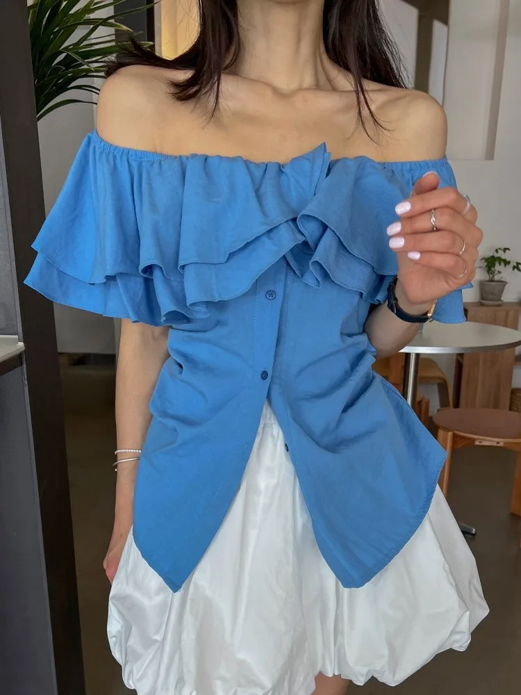 レトロスタイリッシュなワンショルダー双方向裾シャツ女性のスリムフィット夏の新しい折りたたみウエスト整形トップエレガントな女性のようなスキム