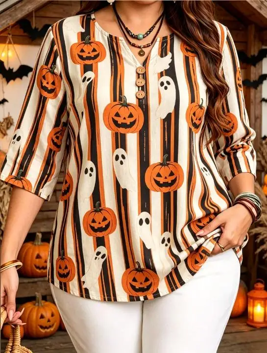 Halloween Printed Blouses Notch Split V Neck Three Front Decorative Buttons 3/4 Sleeve Holiday Party Daily Women Shirts