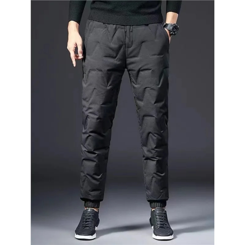 

Men's Outdoor Windproof Warm down Trousers Thi Winter Busin Casual Pants Long Outerwear Sli plus Size White
