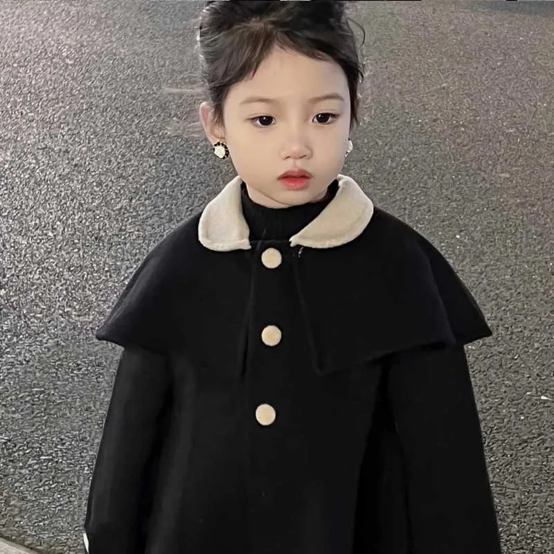 Girls\' Winter Coat New Korean Style Temperament Shawl Collar Woolen Jacket Medium Long Cardigan Children\'s Outward Clothing