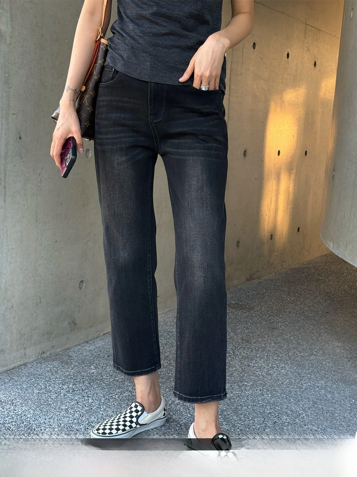 

Women's Straight Leg Jeans Black Slim Fit Nine Tube Pants Spring Summer Washed Natural Waist Cotton Zipper Casual Trousers