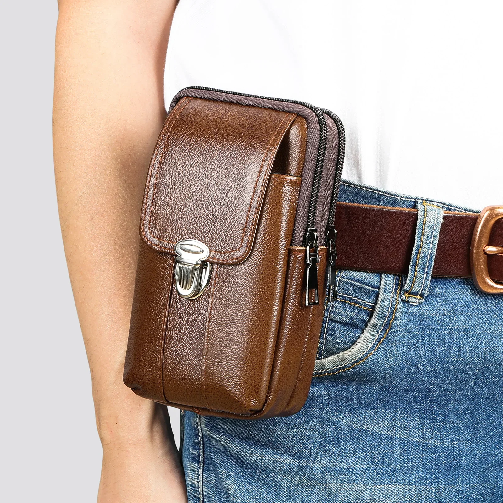 Stylish New Leather Men's Waist Pack with Multiple Functions and Phone Pocket