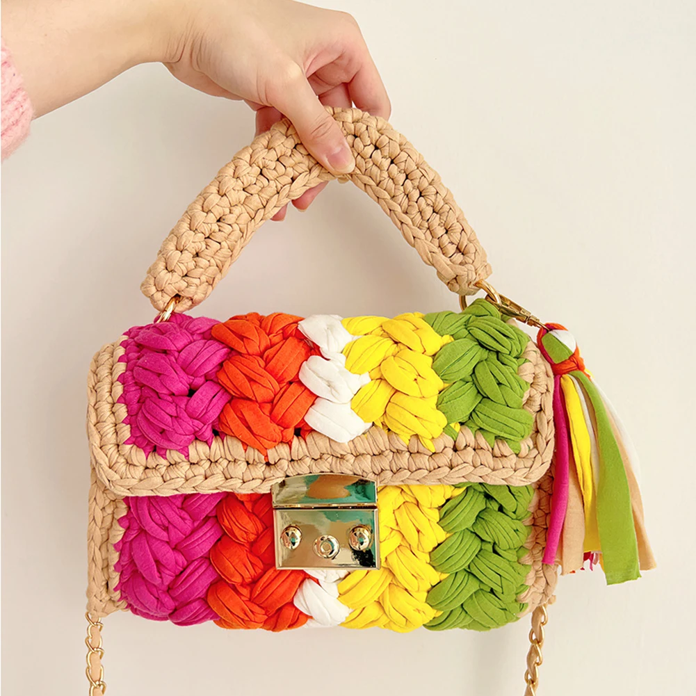 Fashion Colorful Crochet Crossbody Bag Women Hobo Bag Knitted Tote Bag Thick Rope Woven Shoulder Bag Small Flap Female Purses