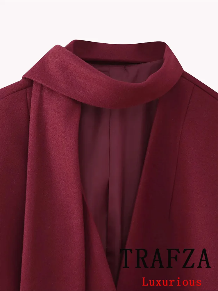 TRAFZA Casual Vintage Chic Women Overcoat Red Solid V-Neck Pockets Single Breasted Scarf Coat Fashion 2024 Autumn Winter Coat