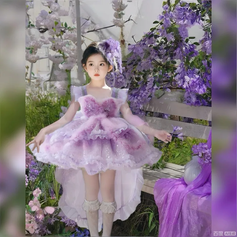 Handmade New Original Bride Lolita Princess Wedding Dress Kids Party Birthday Boutique Festival Dress Children's Feather Dress
