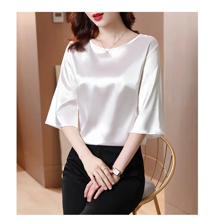 2026 Spring and Autumn New All-match O-neck Three-quarter Flared Sleeve Acetate Satin Blouse tops Basic Simple Ice Silk Shirts