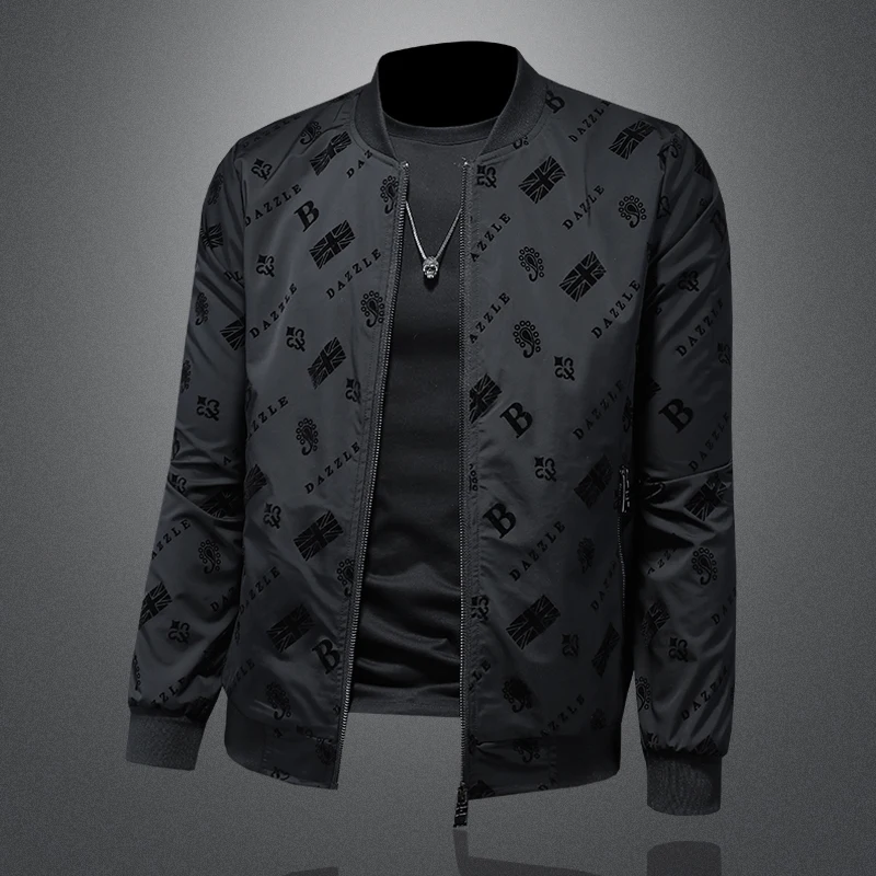 Korean style slim fit jacket, high-quality luxury printed design fashionable jacket, plus size men's casual zipper jacket M-5XL