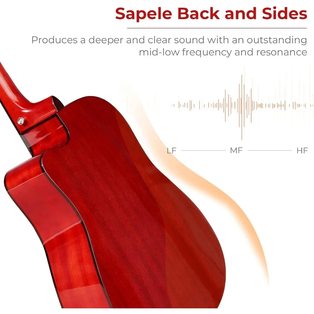 جيتار صوتي أحمر، طقم جيتار صوتي مقاس 41 بوصة للمبتدئين البالغين في سن المراهقة الشباب المحترفين بالحجم الكامل Dreadnought Acustica