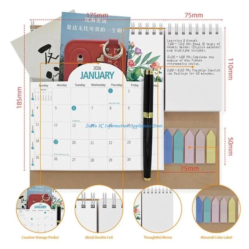 2026 년 1 월부터 12 월까지의 데스크 캘린더 노트 패드 스티커가있는 사무실 데스크톱 캘린더