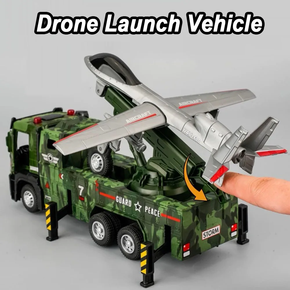 

1:32 Military Drone Launch Vehicle Tank Transport Diecast Miniature Model Toys Doors Opened Pull Back Cars Boys Collection Gifts