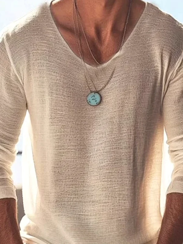 

Men's Hollow out Knitted irt Lightweight Linen Me Long Sve U-Ne Casual Faion Breathable Vintage Sle Inner Wear