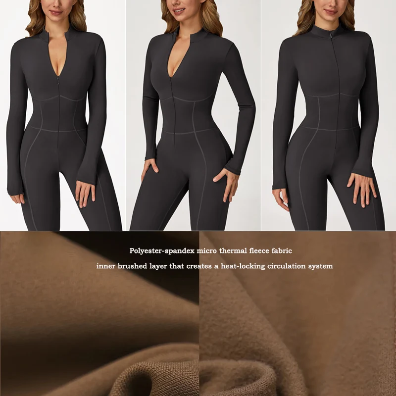 VITALINOVO Fleece Lined Long Sleeve Jumpsuits for Women Full Zipper Bodysuit Workout Full Length Bodycon Scrunch Leggings Onesis