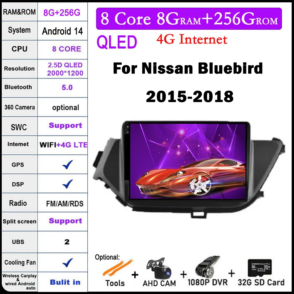 

IPS QLED Android 14 For Nissan Bluebird 2015-2018 DSP Car Wifi 4G Lte Video Auto Radio Multimedia Radio GPS Navigation