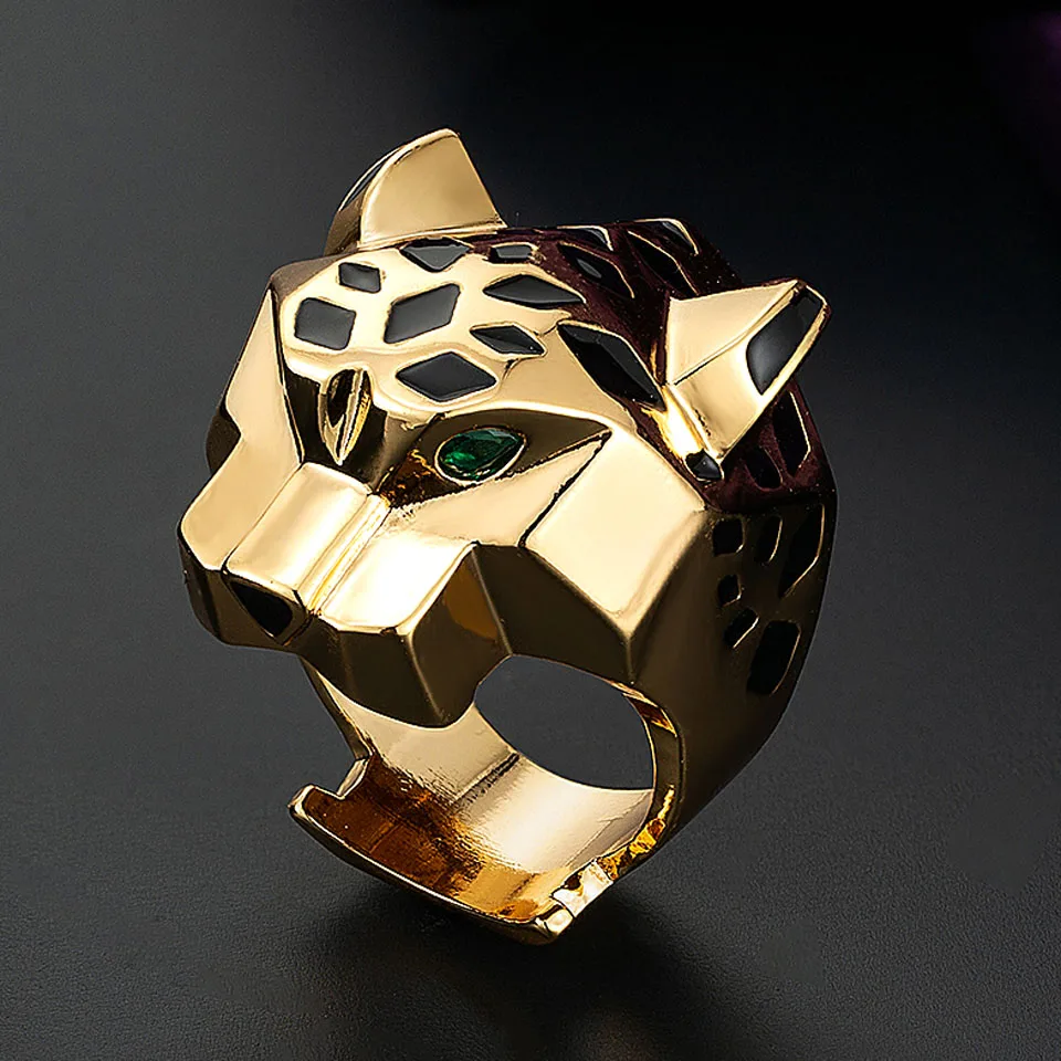 

Zlxgirl Luxury Trendy Gold Green Eye's Big Leopard Animal finger ring for woman man gift Brand Enamel animal aneis punk rings