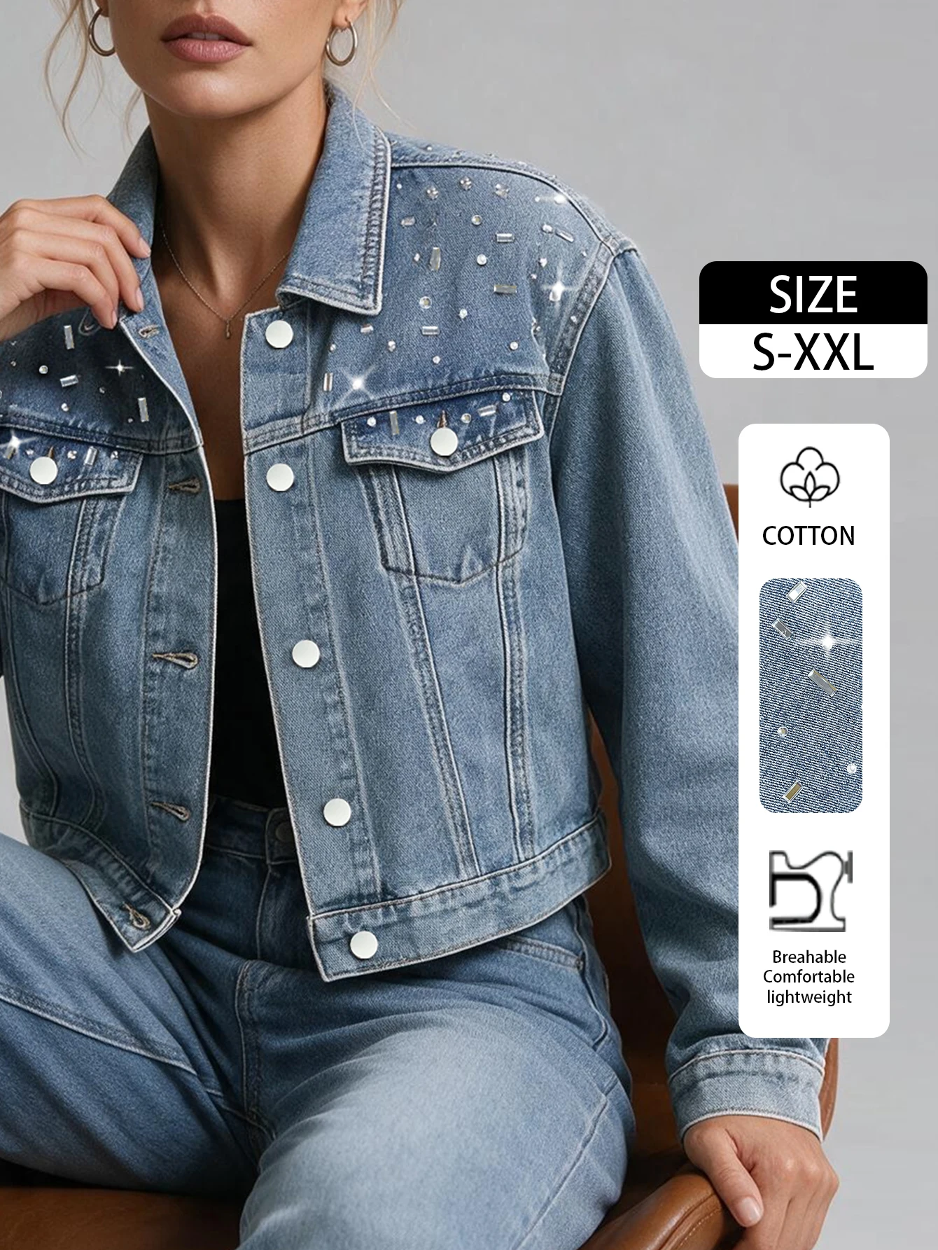 Women Rhinestone Studded Cropped Denim Jacket Lapel Button Pocket Vintage Washed Short Jean Coat Female Streetwear Spring Autumn