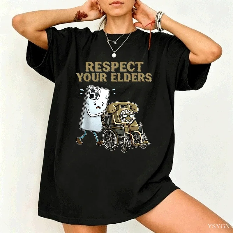 Short-Sleeve Casual Cotton Round Neck Unisex Cut Vintage Tee Respect Your Elders Phone  Teddy Bear Design Summer Streetwear Gift