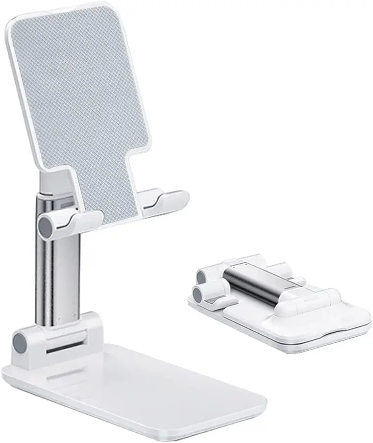 

Adjustable phone stand, height & angle, silicone pad, fully foldable, fits all phones, compact desk holder, white