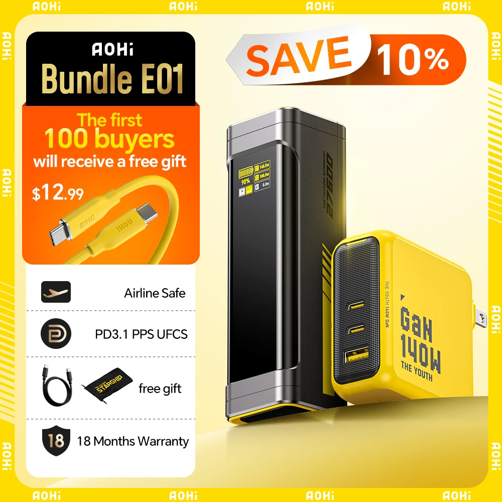 AOHI 240W Power Bank 27,600mAh with LED Display & GaN Charger